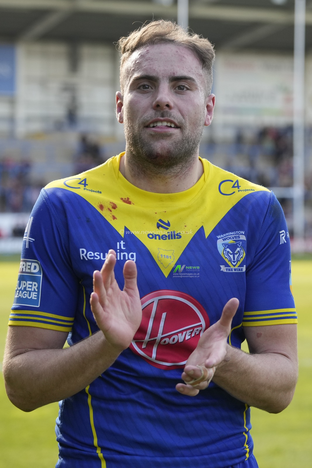 James Harrison of Warrington Wolves celebrates after his sides 16-14 victory in the Betfred Super League Round 8 match Warrington Wolves vs Leigh Leopards at Halliwell Jones Stadium, Warrington, United Kingdom, 20th April 2024

(Photo by Steve Flynn/News Images)