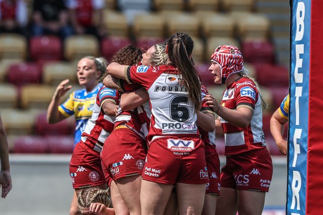 Megan Williams celebrates her try during the Betfred Women's Challenge Cup Cup Semi-final match Leeds Rhinos vs Wigan Warriors at LNER Community Stadium, York, United Kingdom, 10th May 2025

(Photo by Alfie Cosgrove/News Images)