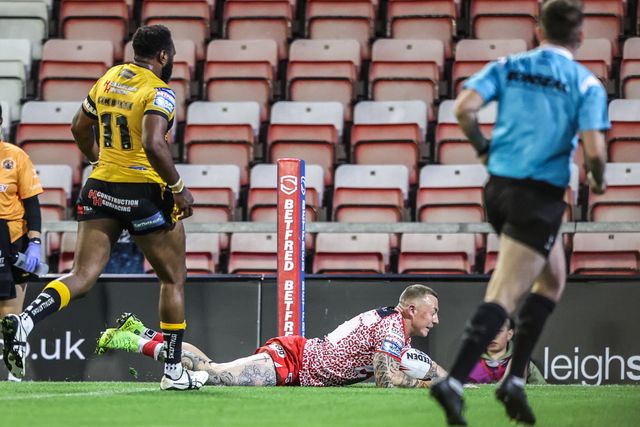Josh Charley of Leigh Leopards goes over for a try during the Betfred Super League round 25 match Leigh Leopards vs Castleford Tigers at Leigh Sports Village, Leigh, United Kingdom, 28th August 2025

(Photo by Alfie Cosgrove/News Images)