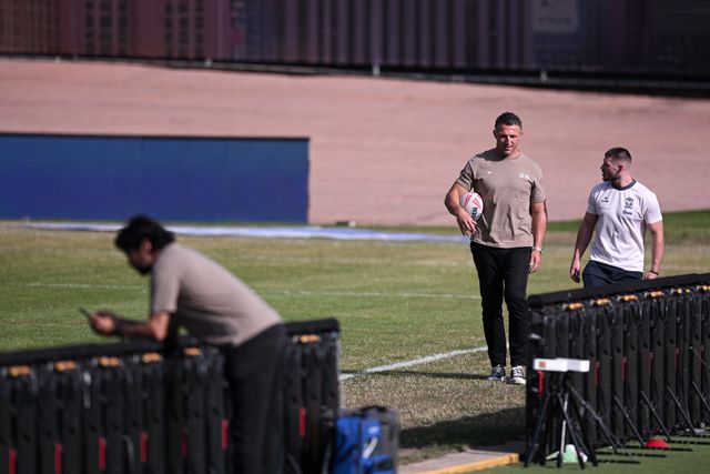 Manager of Warrington Wolves, Sam Burgess, interacts with Danny Walker of Warrington Wolves prior to the Betfred Super League round 22 match Bradford Bulls vs Warrington Wolves at Odsal Stadium, Bradford, United Kingdom on 08 August 2026

(Photo by Ben Roberts/News Images)