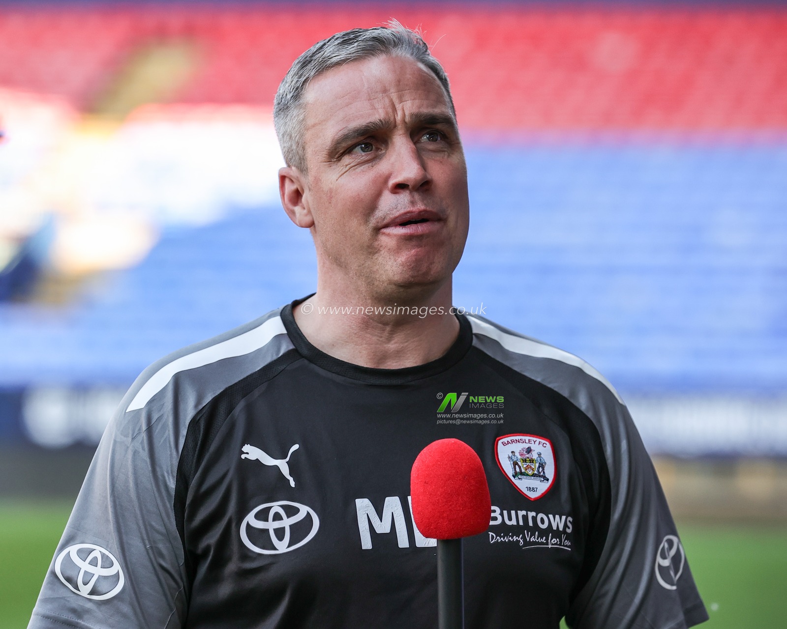 Michael Duff manager of Barnsley speaks in a post match interview during the Sky Bet League 1 Play-Off match Bolton Wanderers vs Barnsley at University of Bolton Stadium, Bolton, United Kingdom, 13th May 2023

(Photo by Mark Cosgrove/News Images)