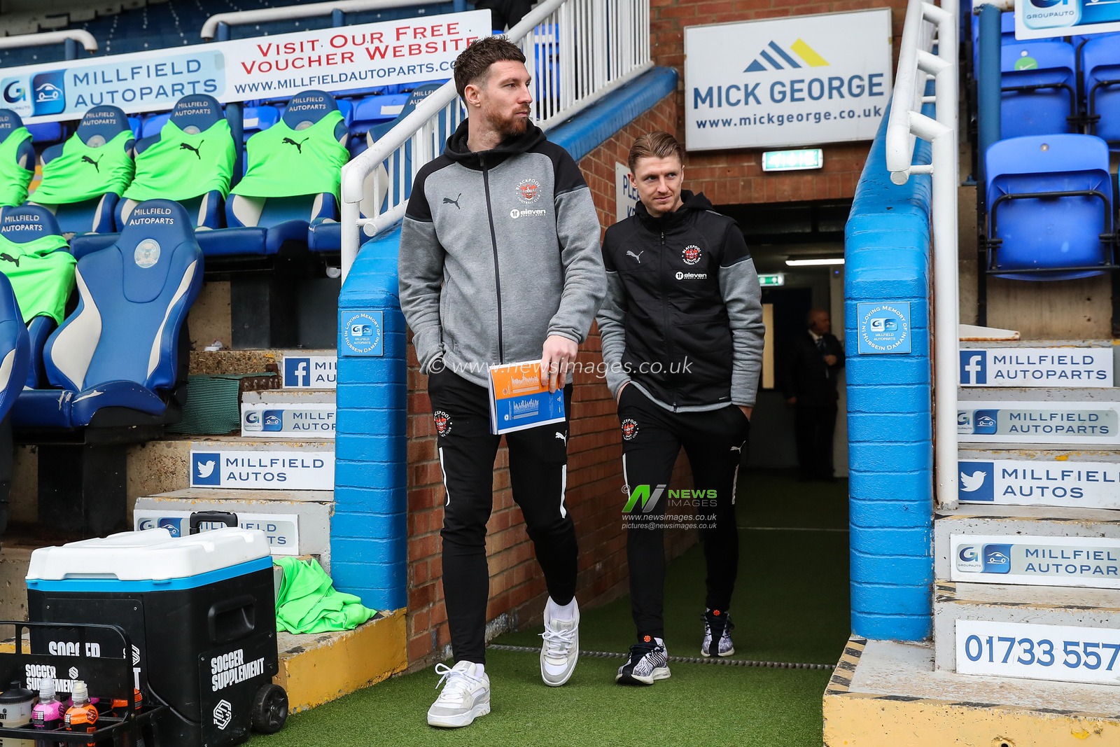 James Husband of Blackpool and George Byers of Blackpool arrive ahead of the Sky Bet League 1 match Peterborough United vs Blackpool at Weston Homes Stadium, Peterborough, United Kingdom, 17th February 2024

(Photo by Gareth Evans/News Images)