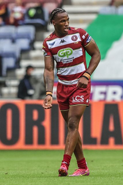 Junior Nsemba of Wigan Warriors during the Betfred Super League round 20 match Wigan Warriors vs Catalans Dragons at The Brick Community Stadium, Wigan, United Kingdom, 25th July 2025

(Photo by Alfie Cosgrove/News Images)