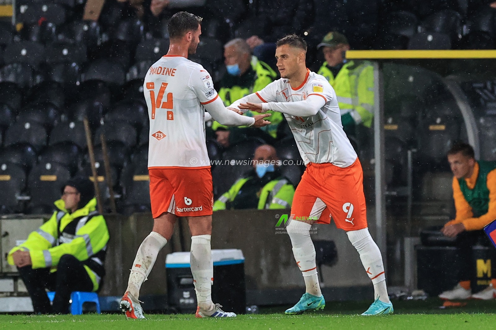 Jerry Yates #9 of Blackpool comes on for Gary Madine #14 of Blackpool