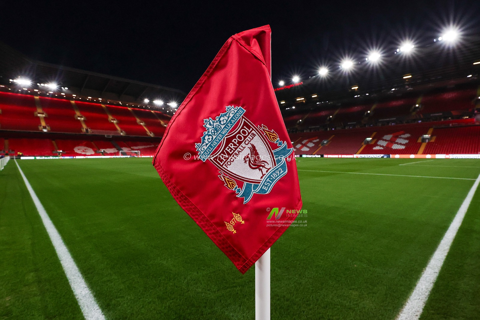 A general view of Anfield and a Liverpool branded corner flag, Home of Liverpool ahead of the UEFA Europa League match Liverpool vs LASK at Anfield, Liverpool, United Kingdom, 30th November 2023

(Photo by Mark Cosgrove/News Images)