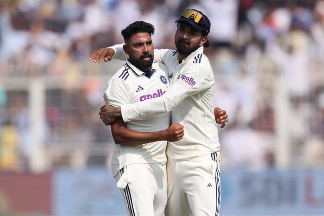 Mohammed Siraj of India dismisses Keshav Maharaj of South Africa by lbw and celebrates the wicket with KL Rahul of India  during the IDFC First Bank Test Day 3 match India vs South Africa at Eden Gardens, Kolkata, India, 16th November 2025

(Photo by Shubhajit Roy Karmakar/News Images)
