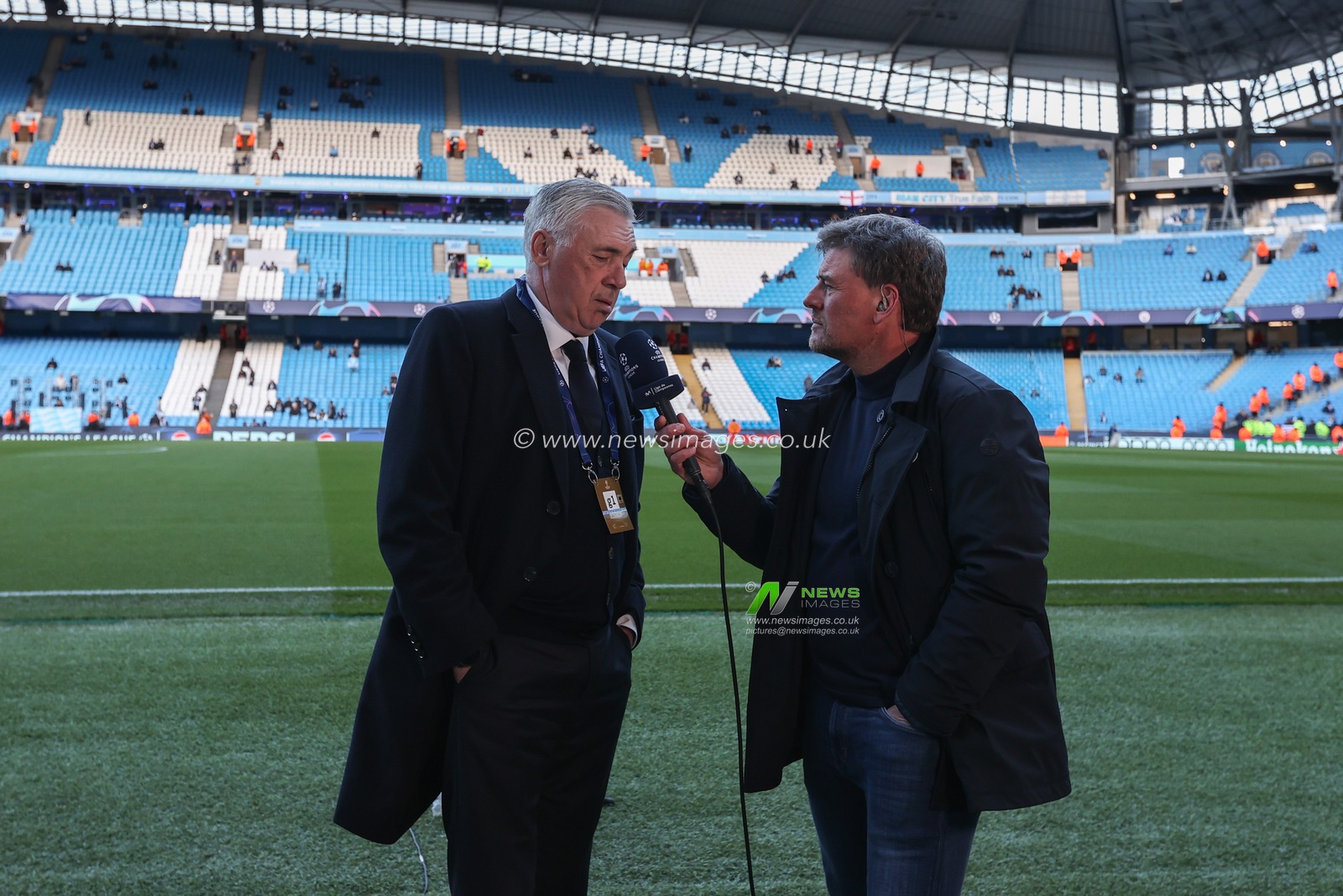 Carlo Ancelotti being interviewed during the UEFA Champions League Quarter Final Manchester City vs Real Madrid at Etihad Stadium, Manchester, United Kingdom, 17th April 2024

(Photo by Mark Cosgrove/News Images)