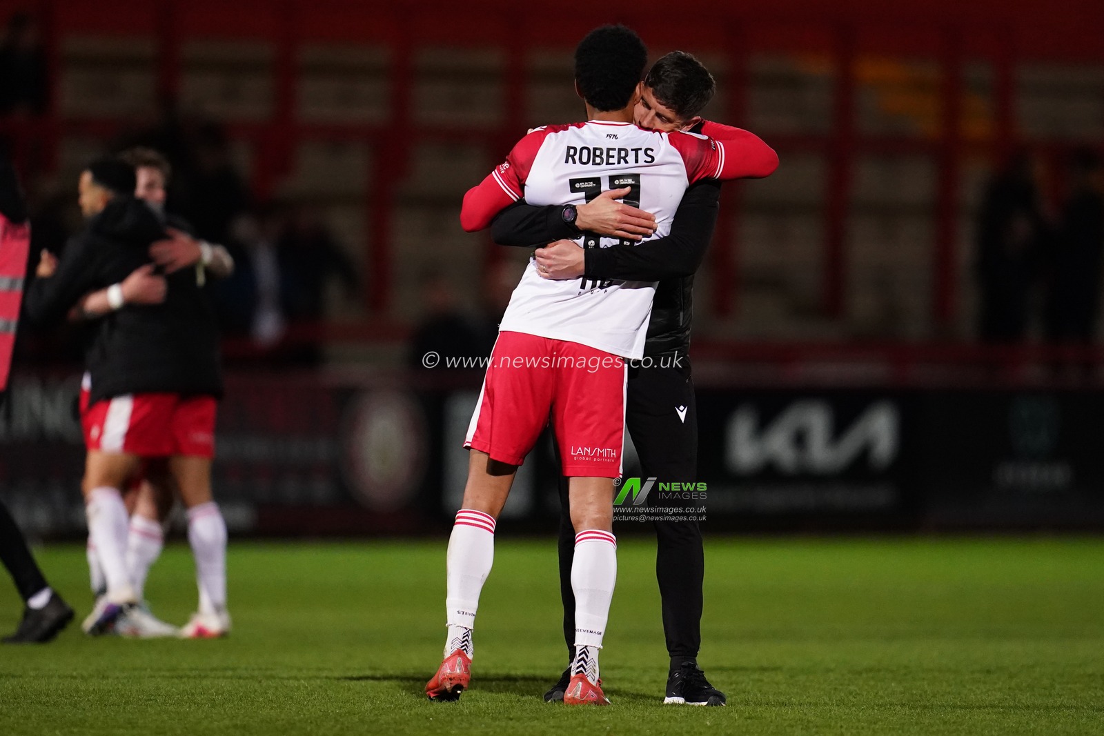 Alex Revell manager of Stevenage and Jordan Roberts of Stevenage after 1-0 win during the Sky Bet League One match Stevenage vs Barnsley at Lamex Stadium, Stevenage, United Kingdom on 21st April 2026

(Photo by Harvey Murphy/News Images)