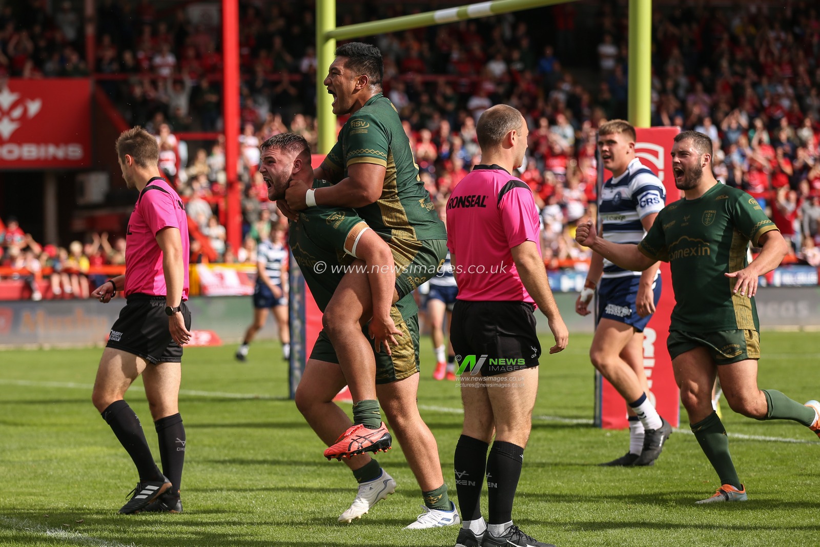 Zach Fishwick #34 of Hull KR celebrates his try in the second half