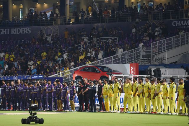CSK and KKR Cricketer National Anthem before the start the 2025 IPL match between Kolkata Knight Riders and Chennai Super Kings (CSK) in Kolkata,India on May 7,2025.Photo by Debajyoti Chakraborty.(Photo: Debajyoti Chakraborty/News Images)