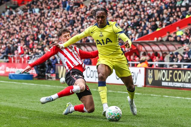 Mathys Tel of Tottenham Hotspur is fouled by Trai Hume of Sunderland during the Premier League match Sunderland vs Tottenham Hotspur at Stadium Of Light, Sunderland, United Kingdom on 12 April 2026

(Photo by Alfie Cosgrove/News Images)
