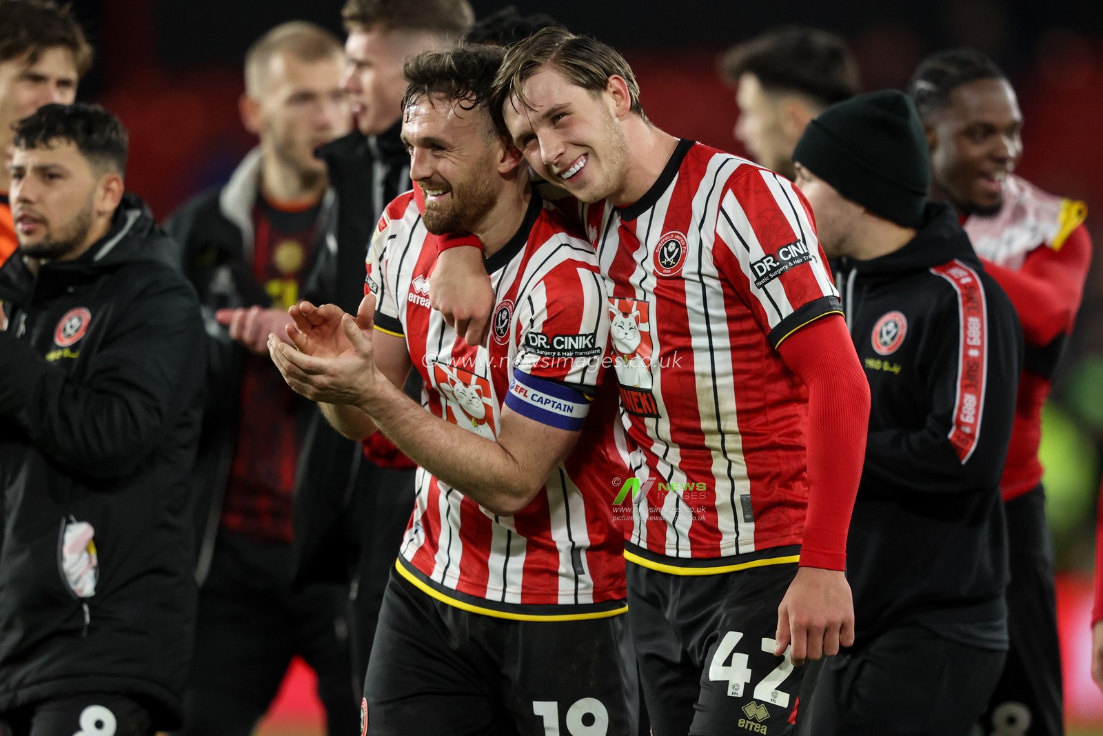 Jack Robinson of Sheffield United and Sydie Peck of Sheffield United celebrate the win during the Sky Bet Championship match Sheffield United vs Sunderland at Bramall Lane, Sheffield, United Kingdom, 29th November 2024

(Photo by Alfie Cosgrove/News Images)