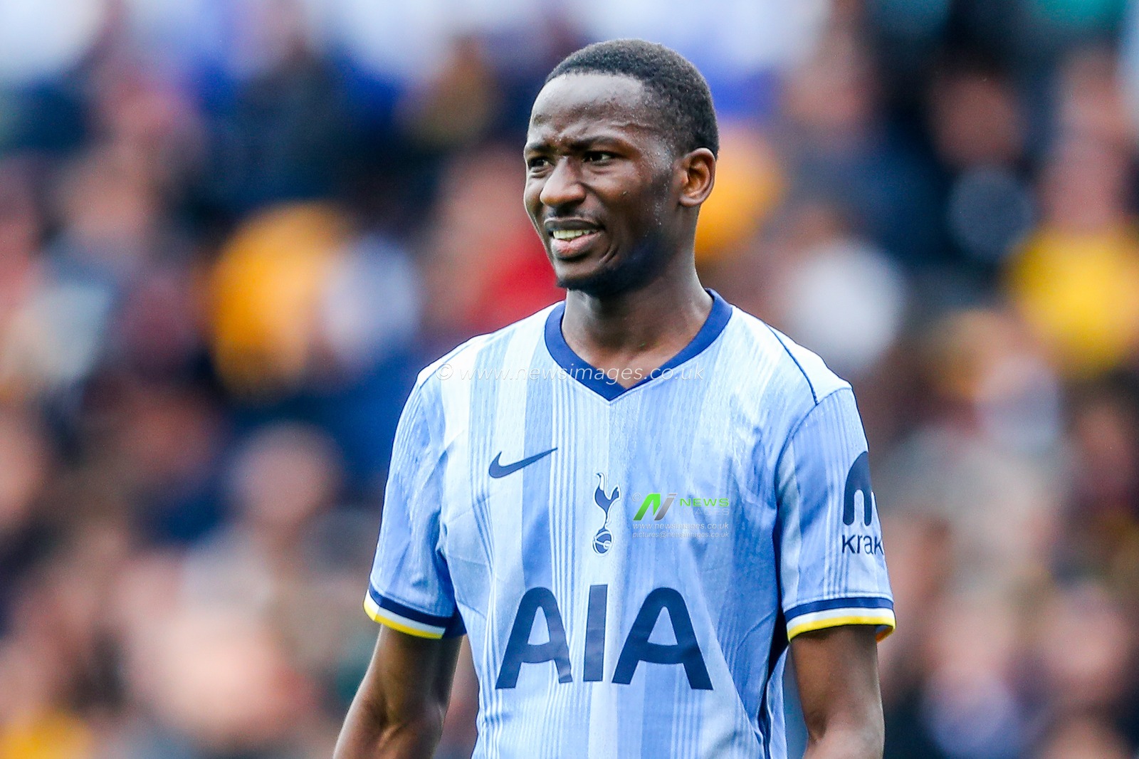 Pape Matar Sarr of Tottenham Hotspur reacts during the Premier League match Wolverhampton Wanderers vs Tottenham Hotspur at Molineux, Wolverhampton, United Kingdom, 13th April 2025

(Photo by Gareth Evans/News Images)