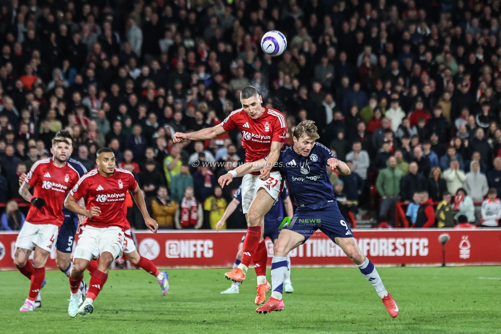 Nikola MilenkoviÄ‡ of Nottingham Forest jumps up to win the high ball during the Premier League match Nottingham Forest vs Manchester United at City Ground, Nottingham, United Kingdom, 1st April 2025

(Photo by Alfie Cosgrove/News Images)