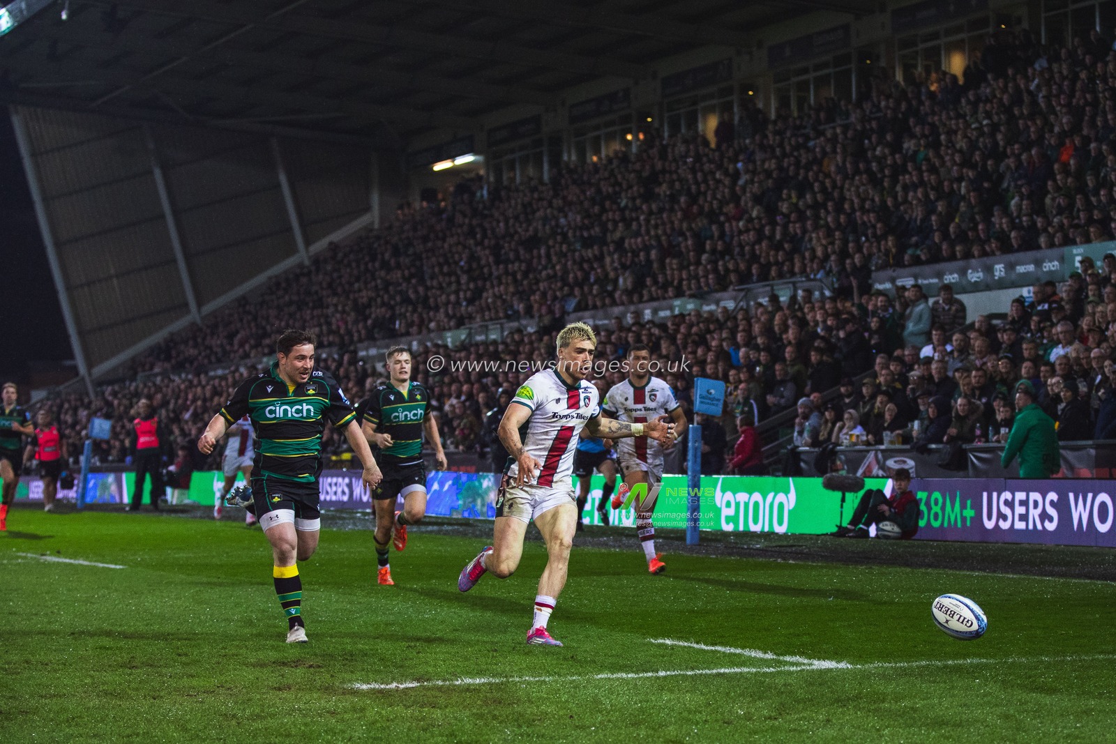 Ollie Hassell-Collins chases a Handre Pollard kick during the Gallagher Premiership match Northampton Saints vs Leicester Tigers at Cinch Stadium at Franklin's Gardens, Northampton, United Kingdom, 21st March 2025

(Photo by Craig Evans/News Images)