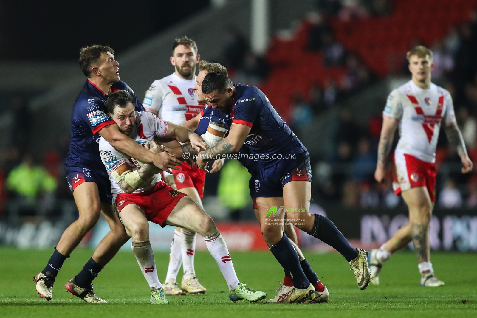 Mark Percival of St. Helens is tackled during the Betfred Super League Round 4 match St Helens vs Hull KR at Totally Wicked Stadium, St Helens, United Kingdom, 7th March 2025

(Photo by Gareth Evans/News Images)