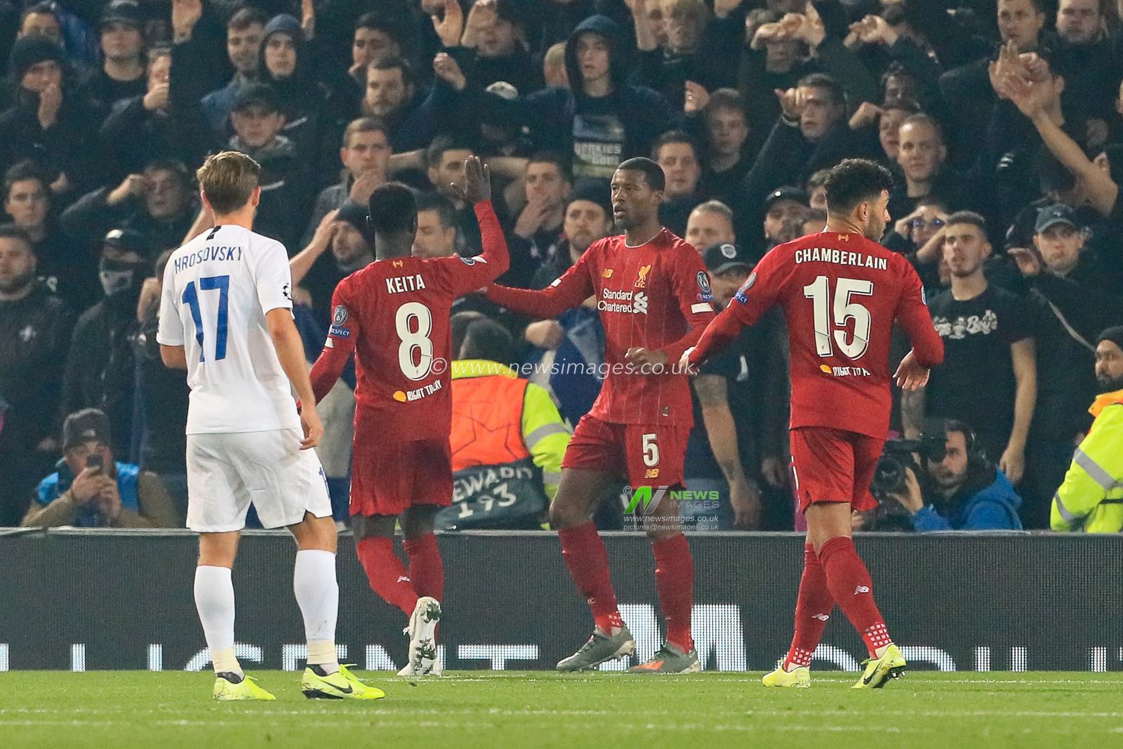 5th November 2019, Anfield, Liverpool, England; UEFA Champions League, Liverpool v KRC Genk : Georginio Wijnaldum (5) of Liverpool celebrates after scoring a goal to make it 1-0 

Credit: Mark Cosgrove/News Images