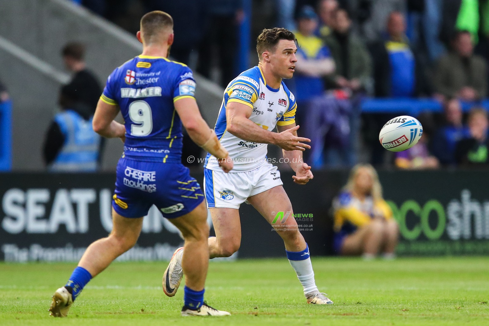 Brodie Croft of Leeds Rhinos passes the ball during the Betfred Super League Round 17 match Warrington Wolves vs Leeds Rhinos at Halliwell Jones Stadium, Warrington, United Kingdom, 11th July 2024

(Photo by Gareth Evans/News Images)