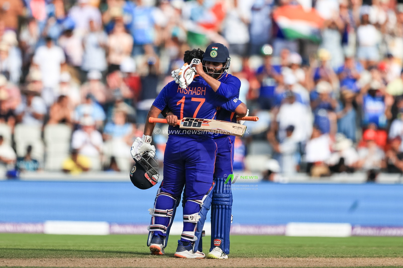 Rishabh Pant of India celebrates a century (100 runs) with Ravindra Jadeja of India