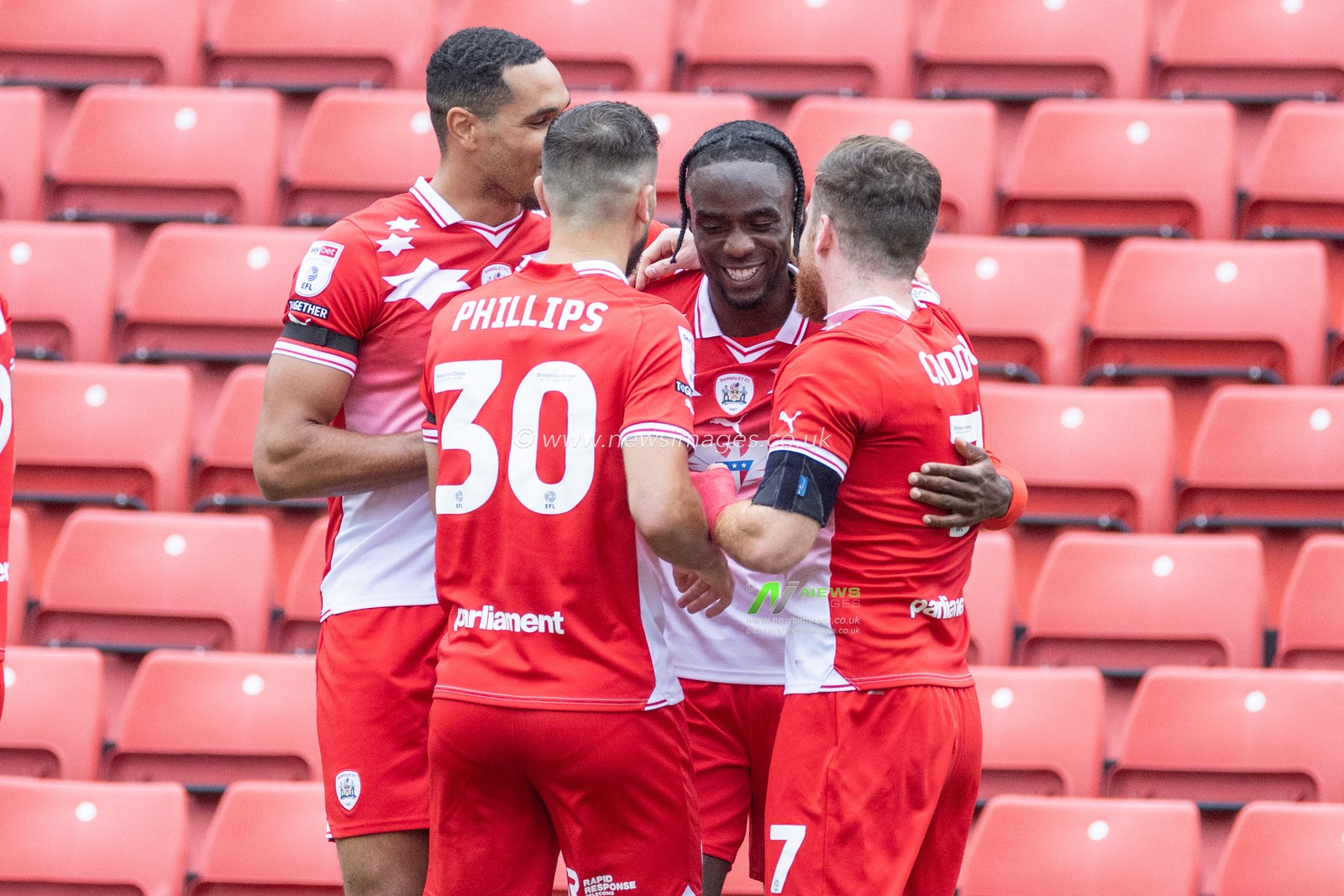 Devante Cole #44 of Barnsley celebrates his goal to make it 1-0 with them mates during the Sky Bet League 1 match Barnsley vs Burton Albion at Oakwell, Barnsley, United Kingdom, 16th September 2023

(Photo by Mark Cosgrove/News Images)