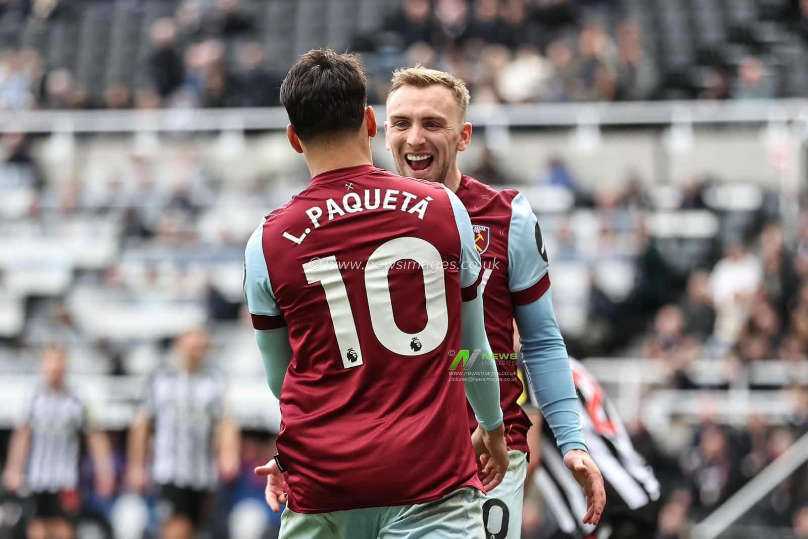 Jarrod Bowen of West Ham United celebrates his goal to make it 1-3 with Lucas PaquetÃ¡ of West Ham United during the Premier League match Newcastle United vs West Ham United at St. James's Park, Newcastle, United Kingdom, 30th March 2024

(Photo by Mark Cosgrove/News Images)