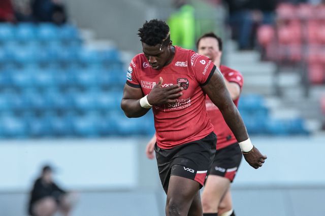 Justin Sangare of Salford Red Devils celebrates his try during the Betfred Super League Round 20 Salford Red Devils vs Hull KR at Salford Community Stadium, Eccles, United Kingdom, 31st July 2025

(Photo by Mark Cosgrove/News Images)