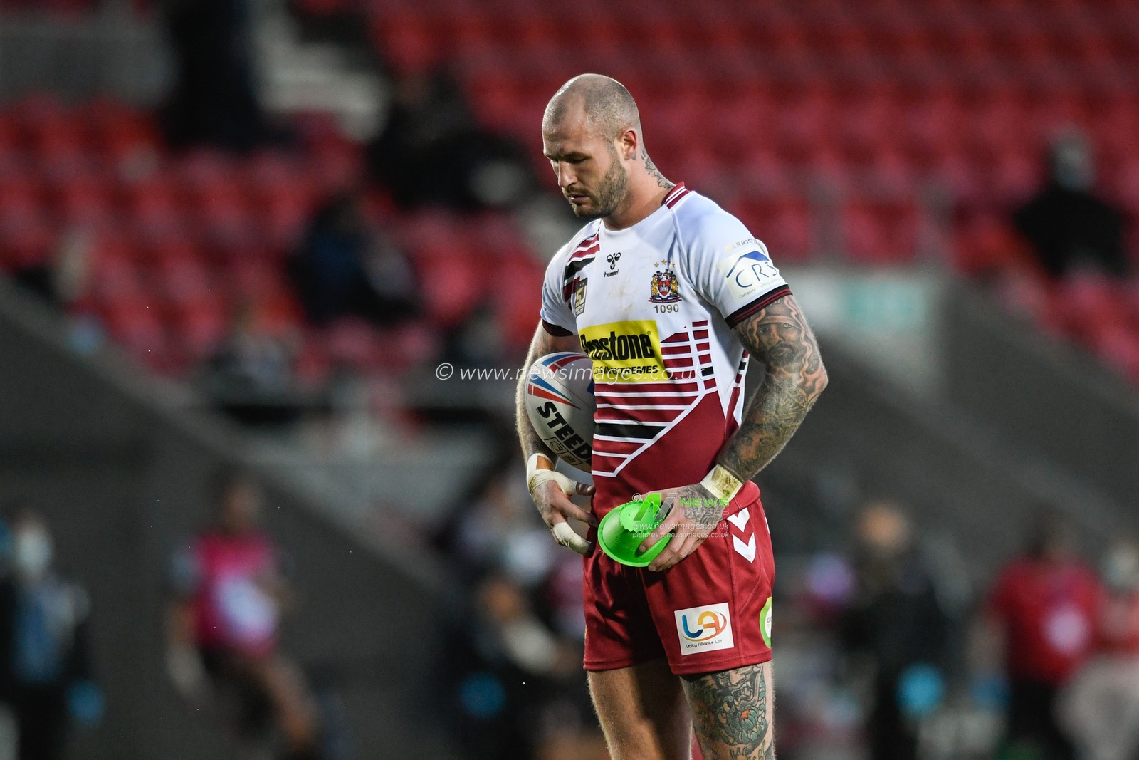 Zak Hardaker (1) of Wigan Warriors prepares to kick a conversion