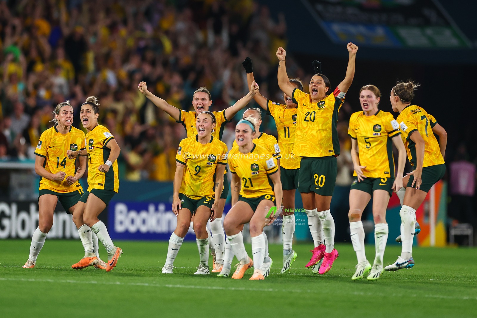 Australia celebrates scoring a penalty  the FIFA Women's World Cup 2023 Quarter-Final match Australia Women vs France Women at Suncorp Stadium, Brisbane, Australia, 12th August 2023

(Photo by Patrick Hoelscher/News Images)
