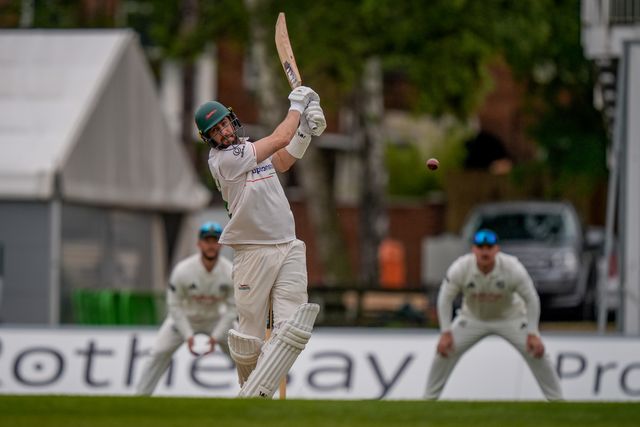 Stephen Eskinazi hits the ball for four during the County Championship Division One day 3 Leicestershire vs Nottinghamshire at Grace Road, Leicester, United Kingdom on 03 May 2026

(Photo by Maynard Manyowa/News Images)