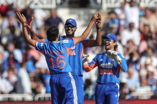 Prince Yadav of India celebrates the wicket of  Jos Buttler of England with teammates during the Third Vitality T20 International match England vs India at Trent Bridge, Nottingham, United Kingdom on 07 July 2026

(Photo by Mark Cosgrove/News Images)