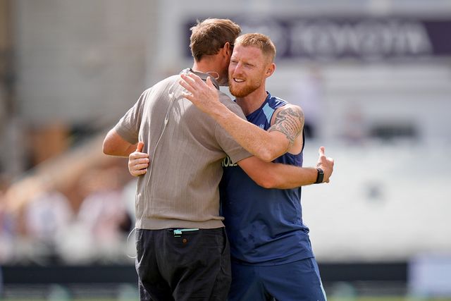 England captain Ben Stokes embraces former England bowler Stuart Broad in the pre-game warm up session during the 3rd Rothesay Test Match Day 4 match England vs New Zealand at Trent Bridge, Nottingham, United Kingdom on 28 June 2026

(Photo by Maynard Manyowa/News Images)