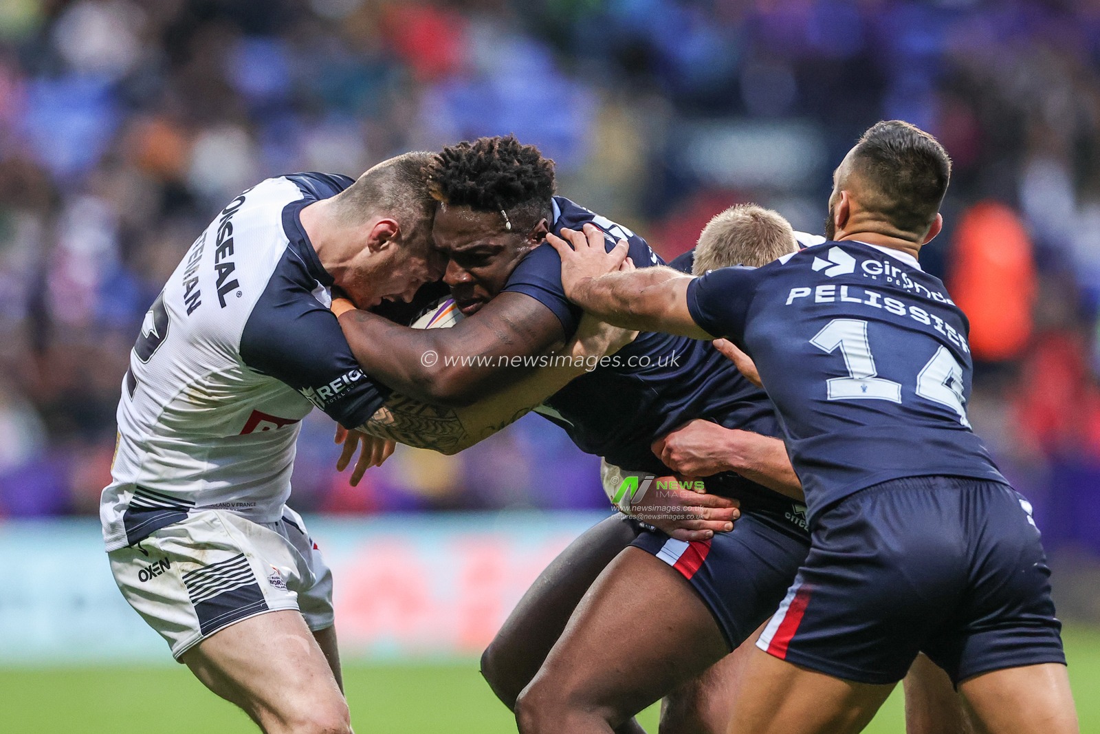 Justin SangarÃ© of France barges into John Bateman of England during the Rugby League World Cup 2021 Group A match England vs France at University of Bolton Stadium, Bolton, United Kingdom, 22nd October 2022

(Photo by Mark Cosgrove/News Images)