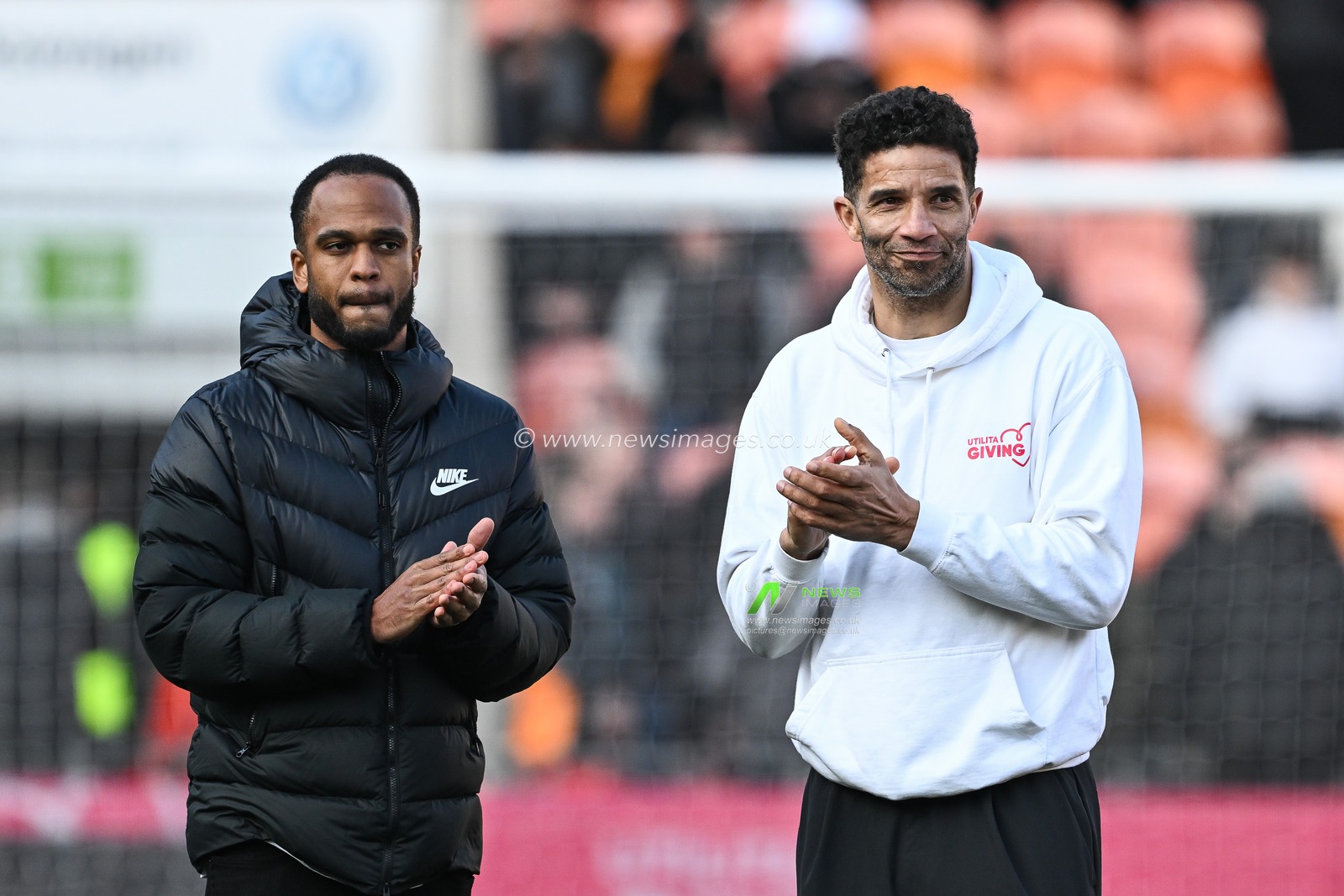 Former England and Portsmouth Goal Keeper David James  and former Blackpool player Nathan Delfouneso during the Sky Bet League 1 match Blackpool vs Portsmouth at Bloomfield Road, Blackpool, United Kingdom, 9th March 2024

(Photo by Craig Thomas/News Images)