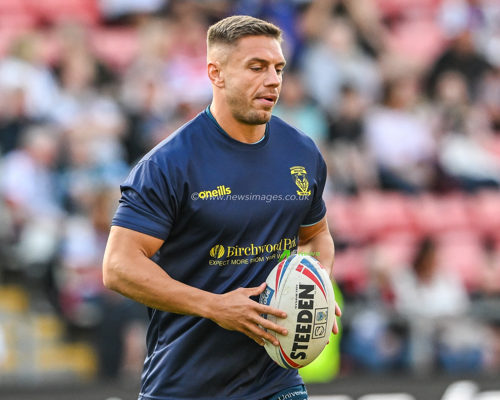 Matty Russell #34 of Warrington Wolves during pre match warm up ahead ofthe Betfred Super League Round 13 match Leigh Leopards vs Warrington Wolves at Leigh Sports Village, Leigh, United Kingdom, 26th May 2023

(Photo by Craig Thomas/News Images)