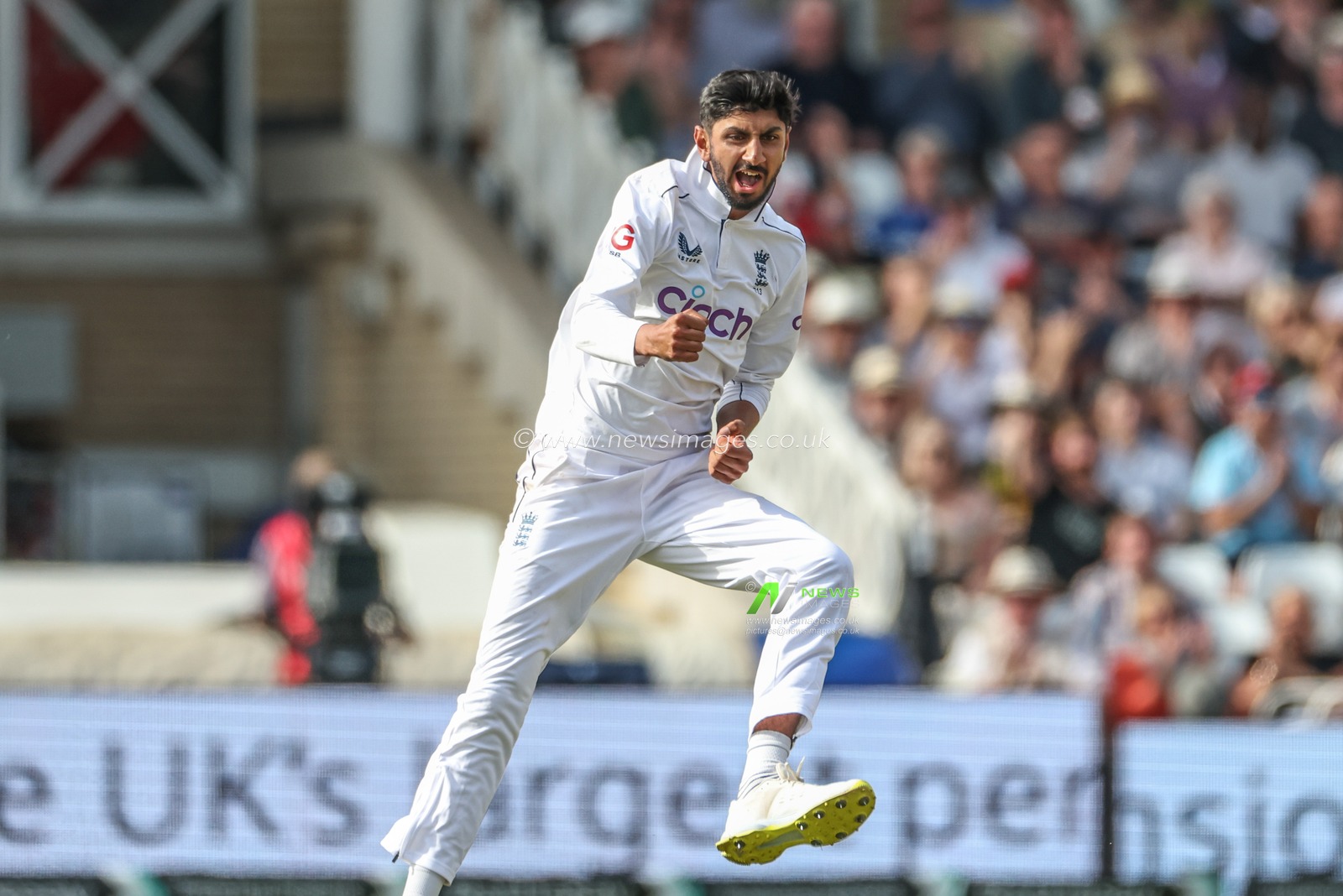 Shoaib Bashir of England celebrates the wicket of Alick Athanaze of West Indies during the Rothesay Test Match day four match England vs West Indies at Trent Bridge, Nottingham, United Kingdom, 21st July 2024

(Photo by Mark Cosgrove/News Images)