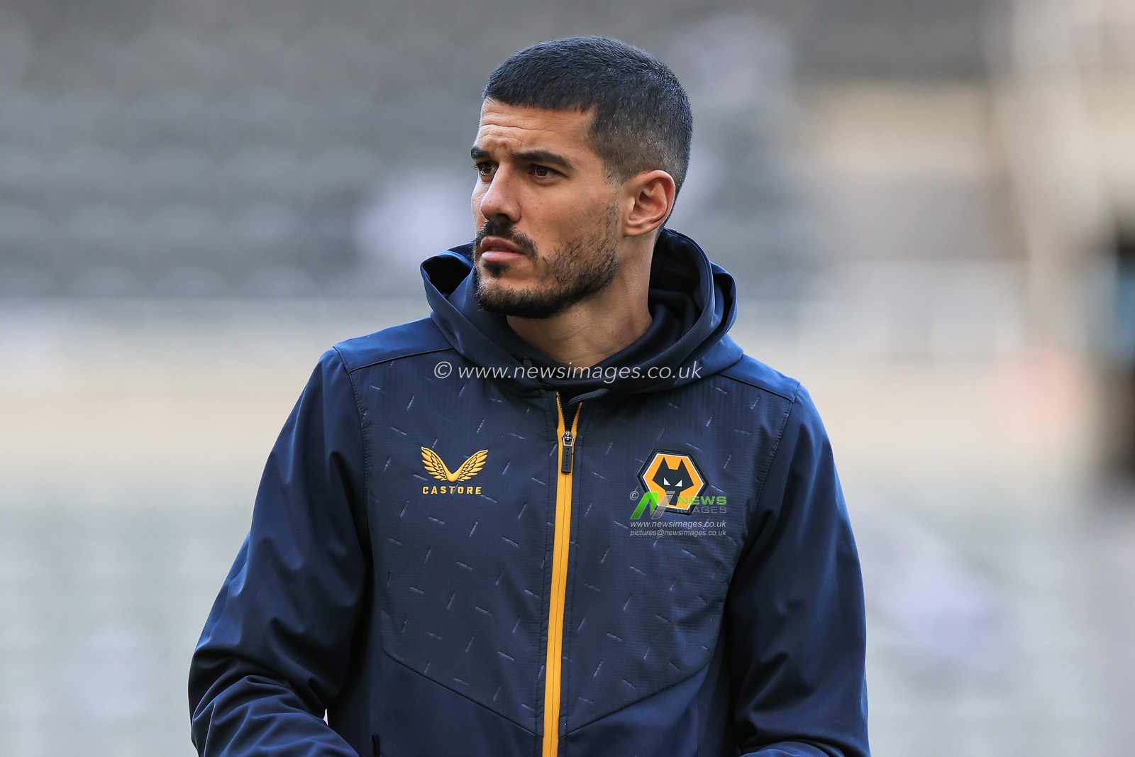 Conor Coady #16 of Wolverhampton Wanderers arrives at St. James' Park, Home of Newcastle United