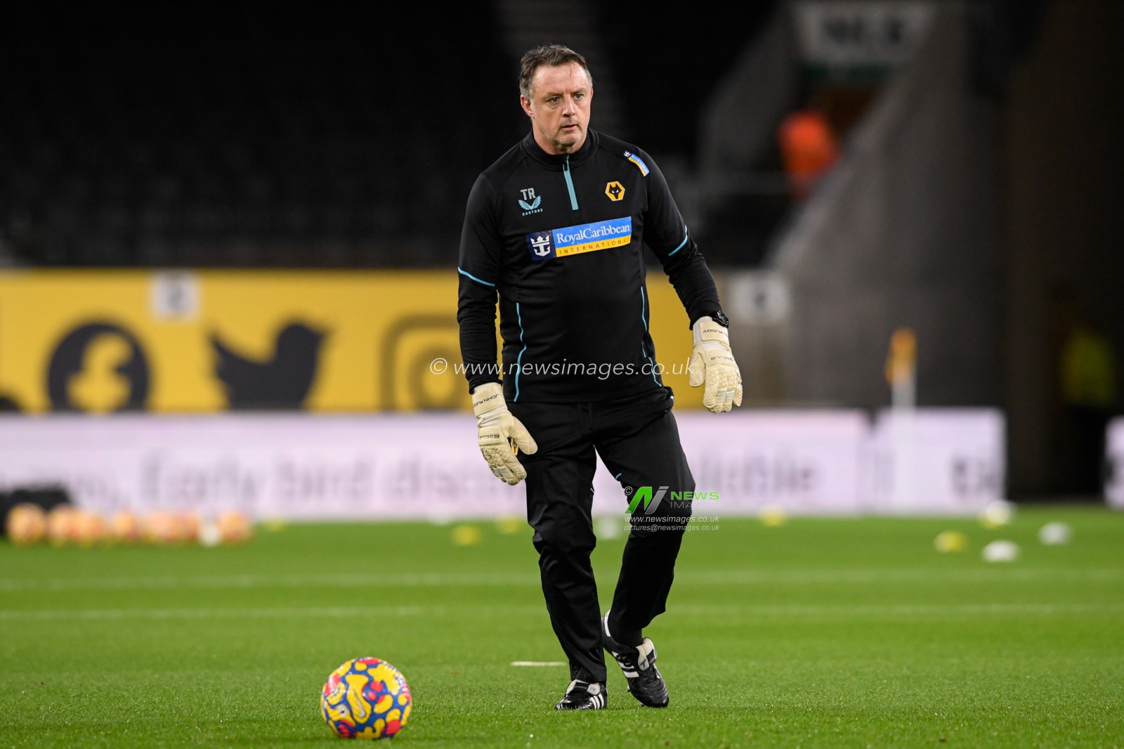 Tony Roberts goalkeeper coach at Wolverhampton Wanderers leads the warm up