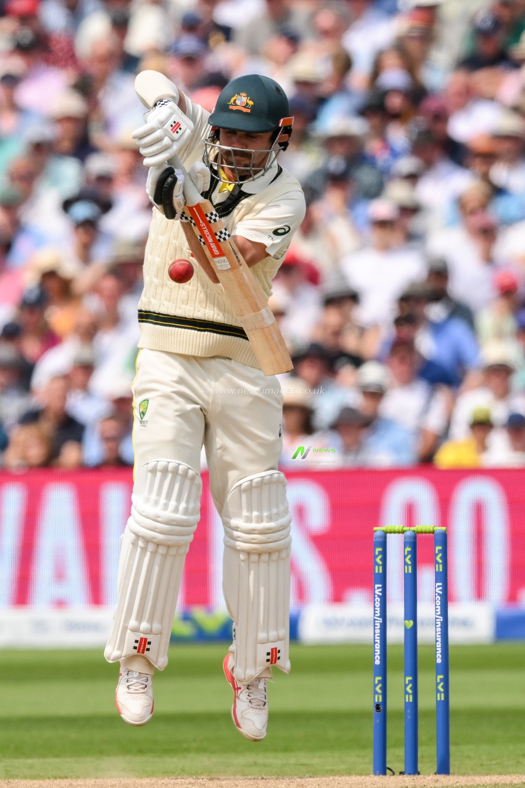 Travis Head of Australia  plays a defensive stroke during the LV= Insurance Ashes First Test Series Day 2 England v Australia at Edgbaston, Birmingham, United Kingdom, 17th June 2023

(Photo by Craig Thomas/News Images)
