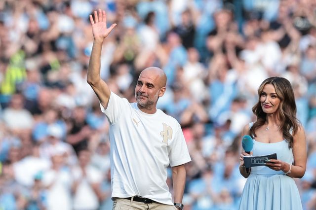 Pep Guardiola manager of Manchester City fights the tears in an emotional last gameas City announce they are naming the new stand after him “The Pep Guardiola  Stand during the Premier League match Manchester City vs Aston Villa at Etihad Stadium, Manchester, United Kingdom on 24 May 2026

(Photo by Mark Cosgrove/News Images)