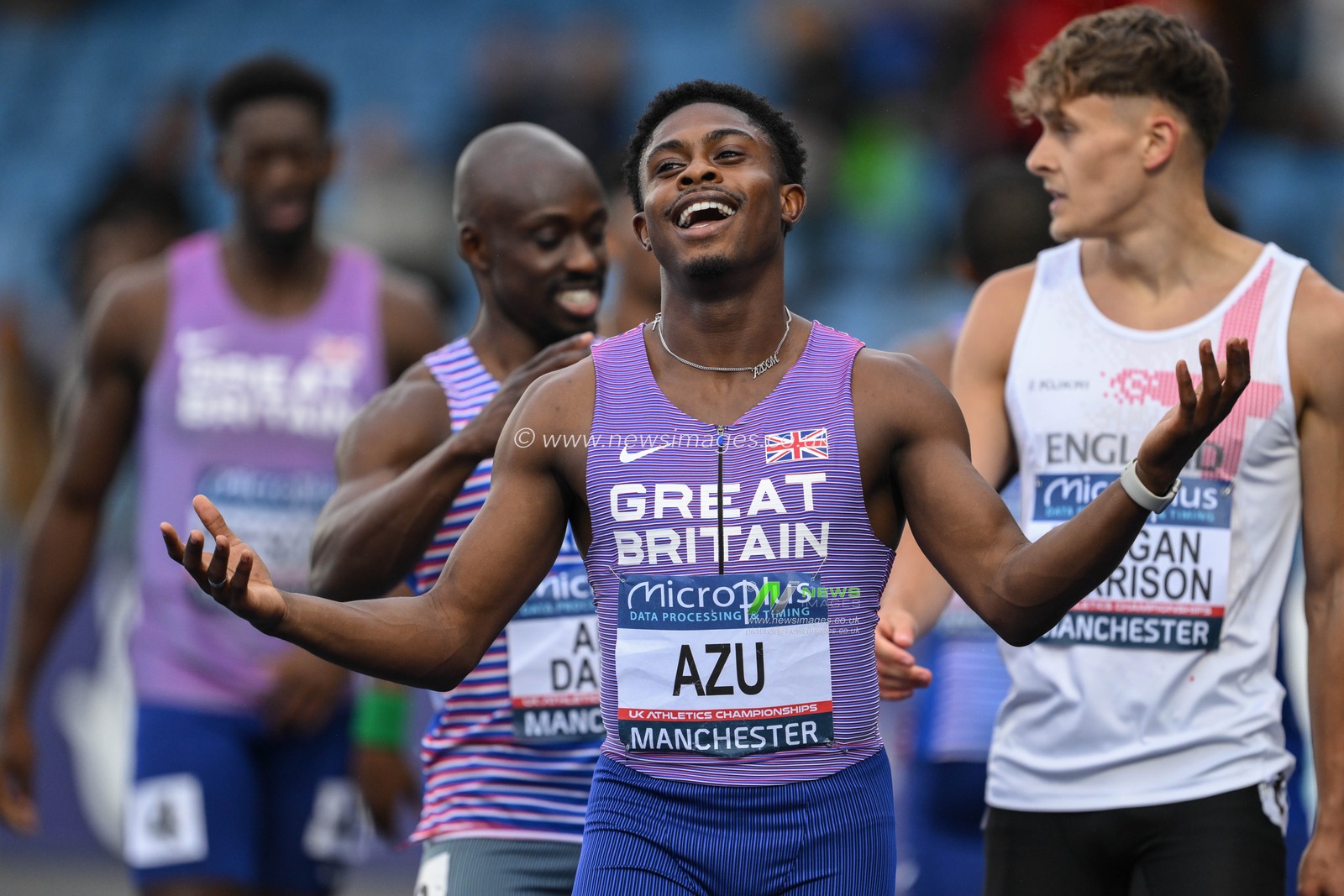Azu reacts to taking the silver during the Microplus UK Athletics Championships Day 1 at Manchester Regional Arena, Manchester, United Kingdom, 29th June 2024

(Photo by Craig Thomas/News Images)