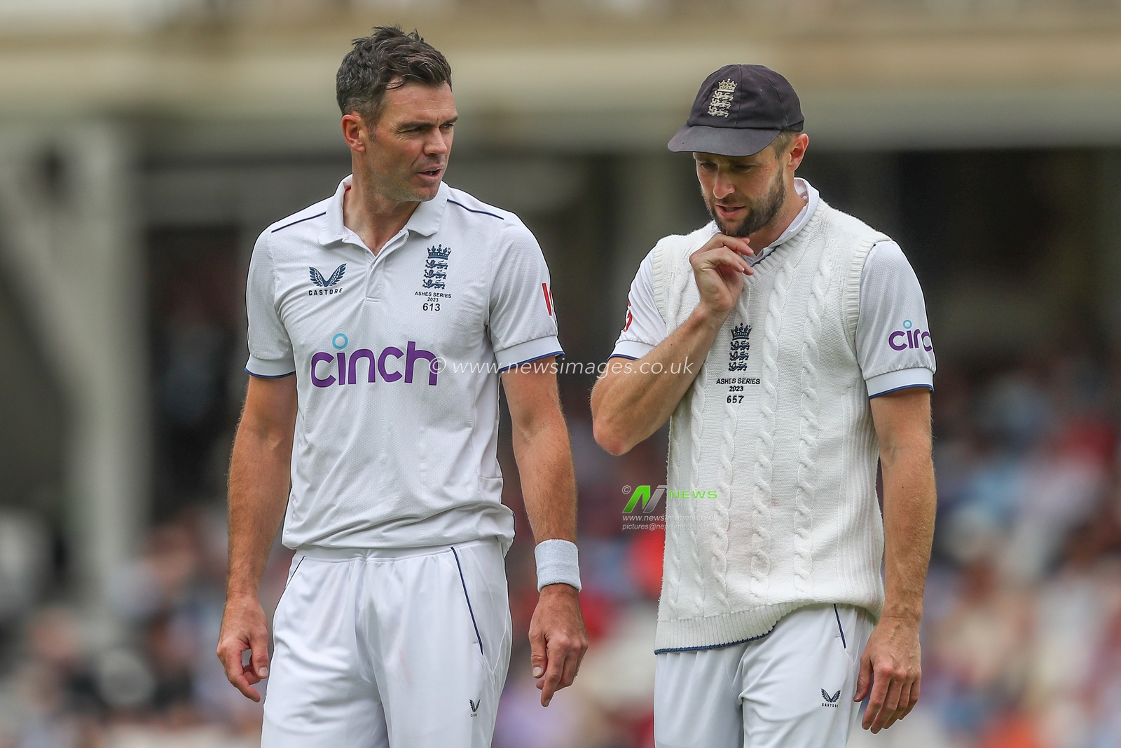 James Anderson of England talks with Ben Stokes of England during the LV= Insurance Ashes Fifth Test Series Day Two England v Australia at The Kia Oval, London, United Kingdom, 28th July 2023

(Photo by Gareth Evans/News Images)