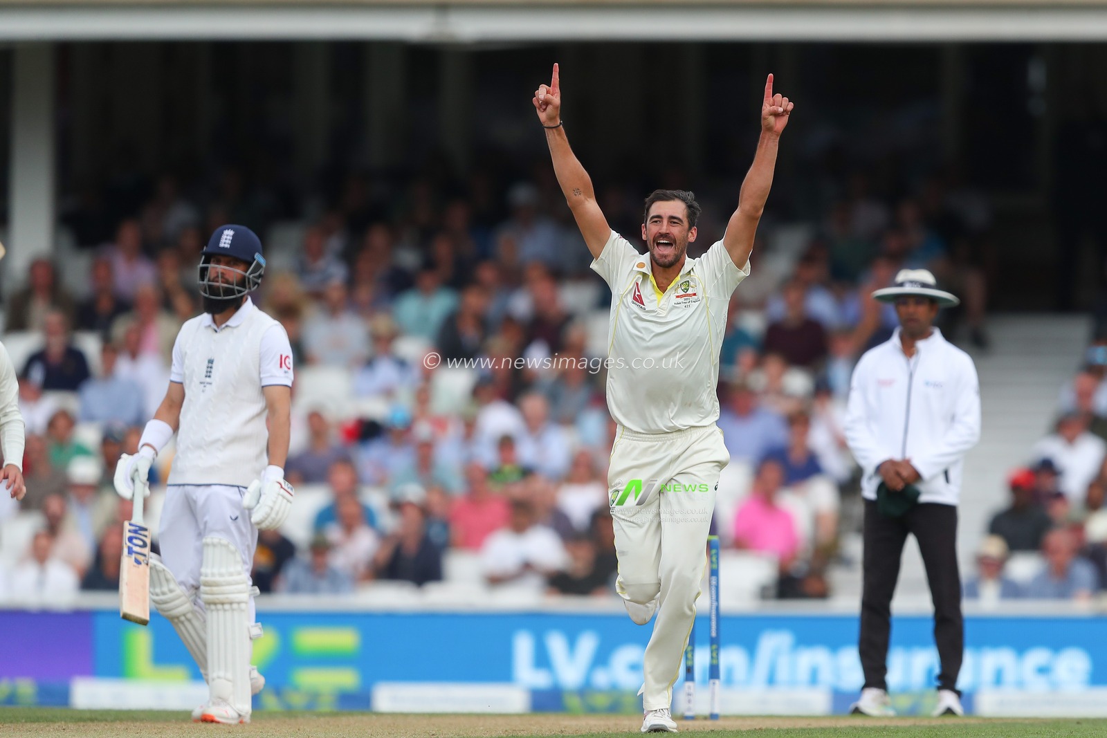 Mitchell Starc of Australia celebrates the dismissal of Jonny Bairstow of England during the LV= Insurance Ashes Fifth Test Series Day Three match England vs Australia at The Kia Oval, London, United Kingdom, 29th July 2023

(Photo by Gareth Evans/News Images)