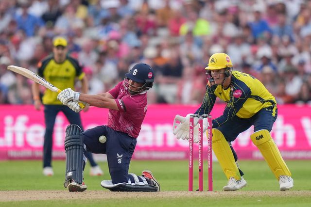 Ricardo Vasconcelos  of of Northamptonshire batting with Thomas New of Hampshire wicketkeeper during the Men’s Vitality Blast T20 Finals Day final match Northamptonshire vs Hampshire at Edgbaston, Birmingham, United Kingdom on 18 July 2026

(Photo by Maynard Manyowa/News Images)