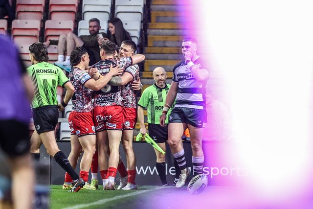 AJ Towse of Leigh Leopards celebrates his try during the Betfred Super League round 9 match Leigh Leopards vs Huddersfield Giants at Leigh Sports Village, Leigh, United Kingdom on 23 April 2026

(Photo by Alfie Cosgrove/News Images)