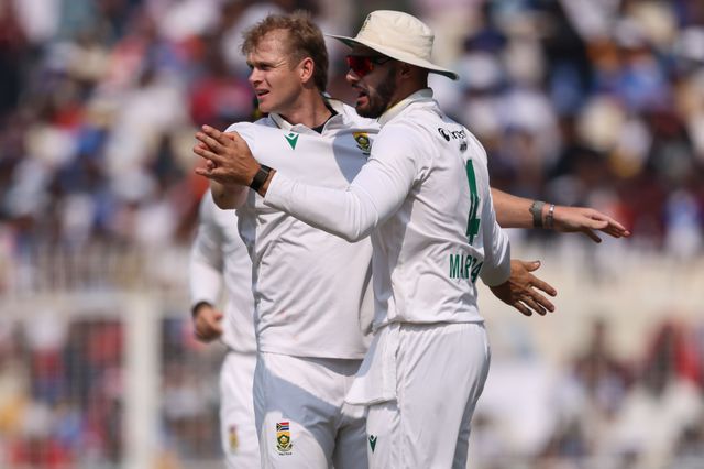Corbin Bosch of South Africa celebrates with Aiden Markram of South Africa  after dismissing Dhruv Jurel of India during the IDFC First Bank Test Day 3 match India vs South Africa at Eden Gardens, Kolkata, India, 16th November 2025

(Photo by Shubhajit Roy Karmakar/News Images)