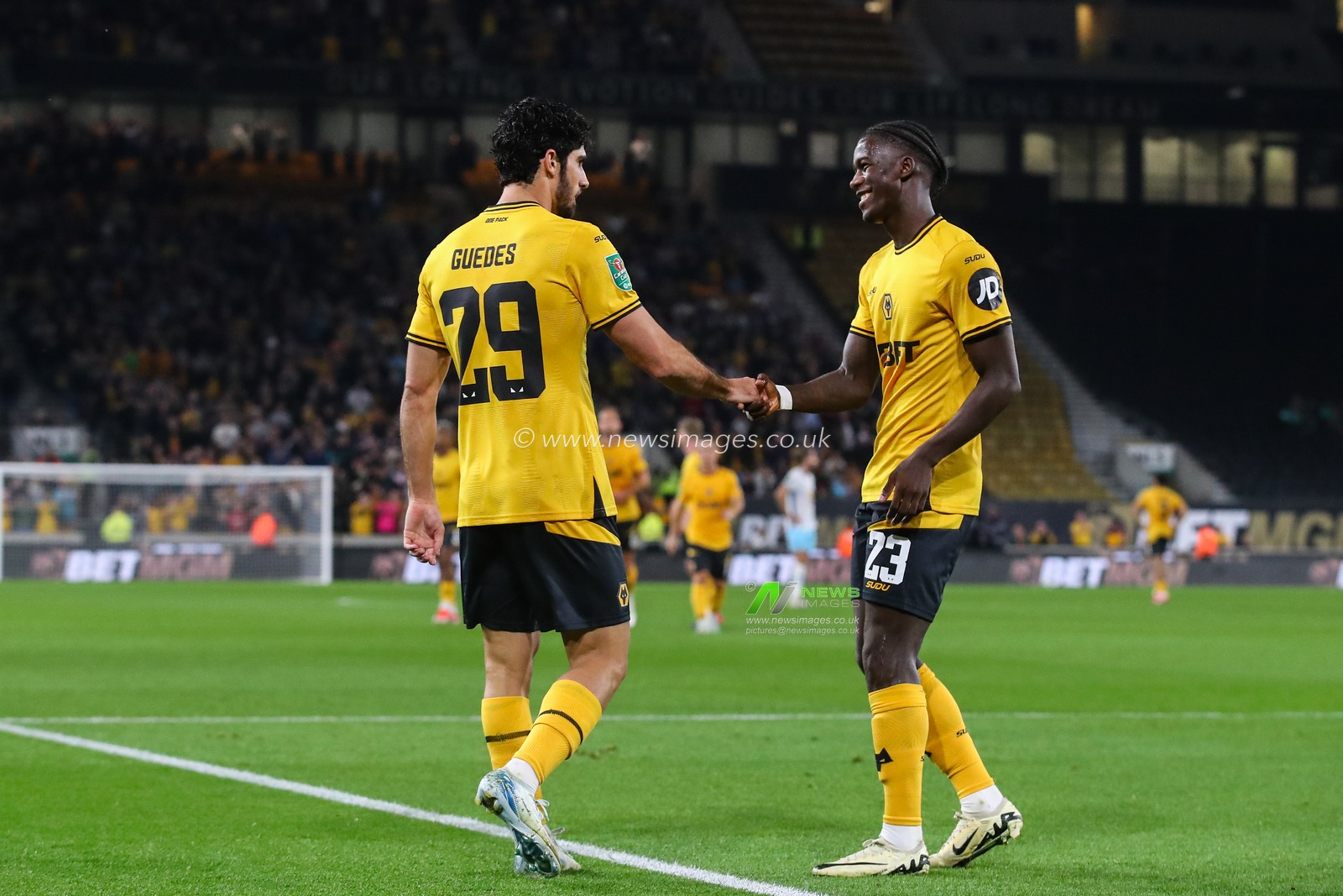 GonÃ§alo Guedes of Wolverhampton Wanderers celebrates his goal to make it 2-0 during the Carabao Cup match Wolverhampton Wanderers vs Burnley at Molineux, Wolverhampton, United Kingdom, 28th August 2024

(Photo by Gareth Evans/News Images)