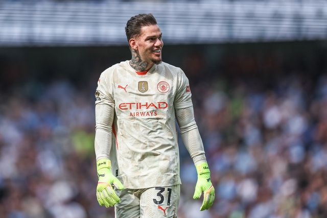 Ederson of Manchester City celebrates the goal of James McAtee of Manchester City to make it 4-2 during the Premier League match Manchester City vs Crystal Palace at Etihad Stadium, Manchester, United Kingdom, 12th April 2025

(Photo by Mark Cosgrove/News Images)