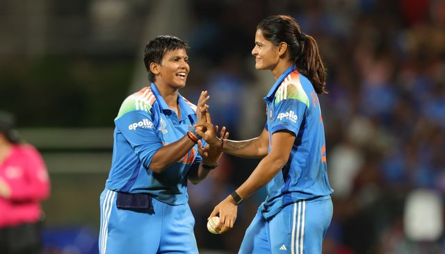 Depti Sharma of India  took the wicket of Sinalo Jafta of South Africa and celebrates with Radha Yadav of India during the ICC Women's ODI Cricket World Cup Final 2025 session India Women vs South Africa Women at Dr. D.Y. Patil Sports Academy, Navi Mumbai, India, 2nd November 2025

(Photo by Shubhajit Roy Karmakar/News Images)