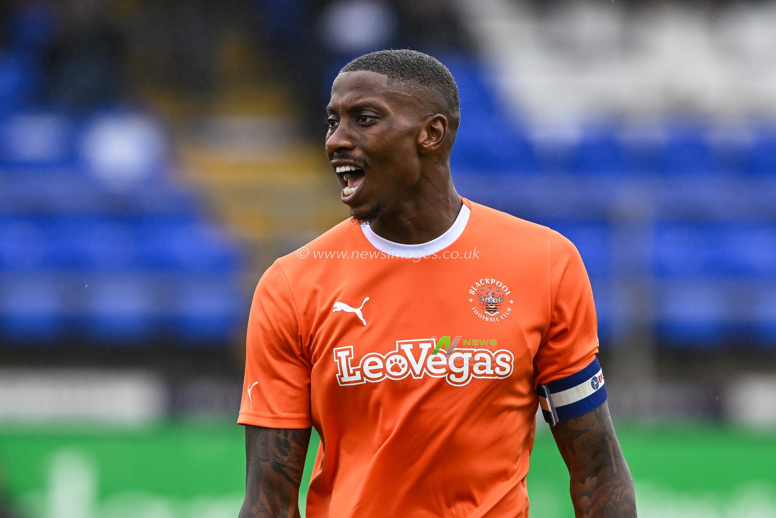 Marvin Ekpiteta #21 of Blackpool gives his team instructions during the Pre-season friendly match Barrow vs Blackpool at SO Legal Stadium, Barrow-in-Furness, United Kingdom, 22nd July 2023

(Photo by Craig Thomas/News Images)