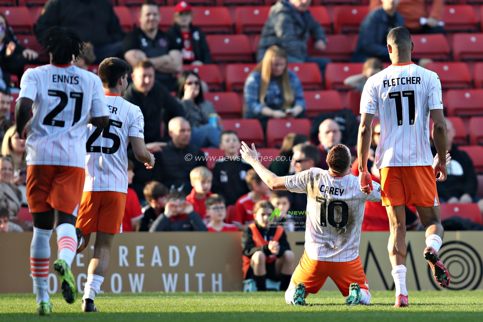 Sonny Carey of Blackpool F.C. celebrates his first goal during the Sky Bet League 1 match Barnsley vs Blackpool at Oakwell, Barnsley, United Kingdom, 8th March 2025

(Photo by Sam Eaden/News Images)